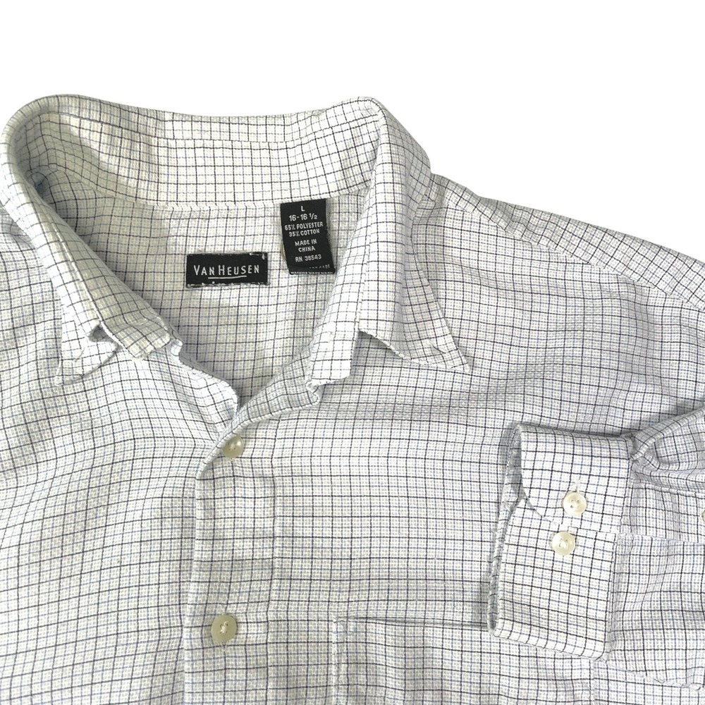 Van Heusen L White Button Up Shirt Grid Long Sleeve Office Preppy Academic